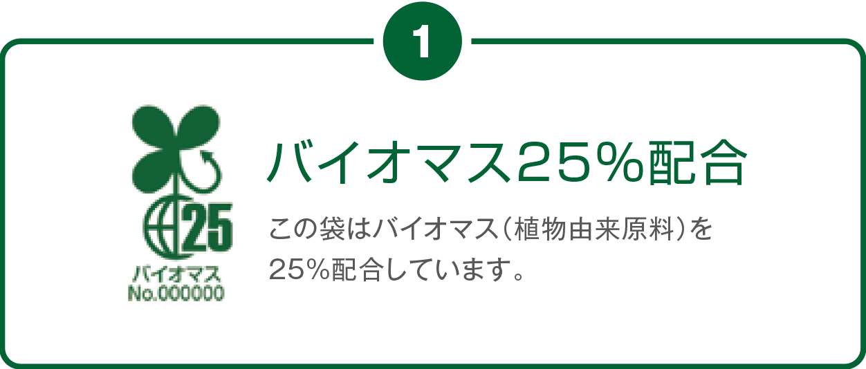 バイオマス25％配合 この袋はバイオマス(植物油愛原料)を25%配合しています。